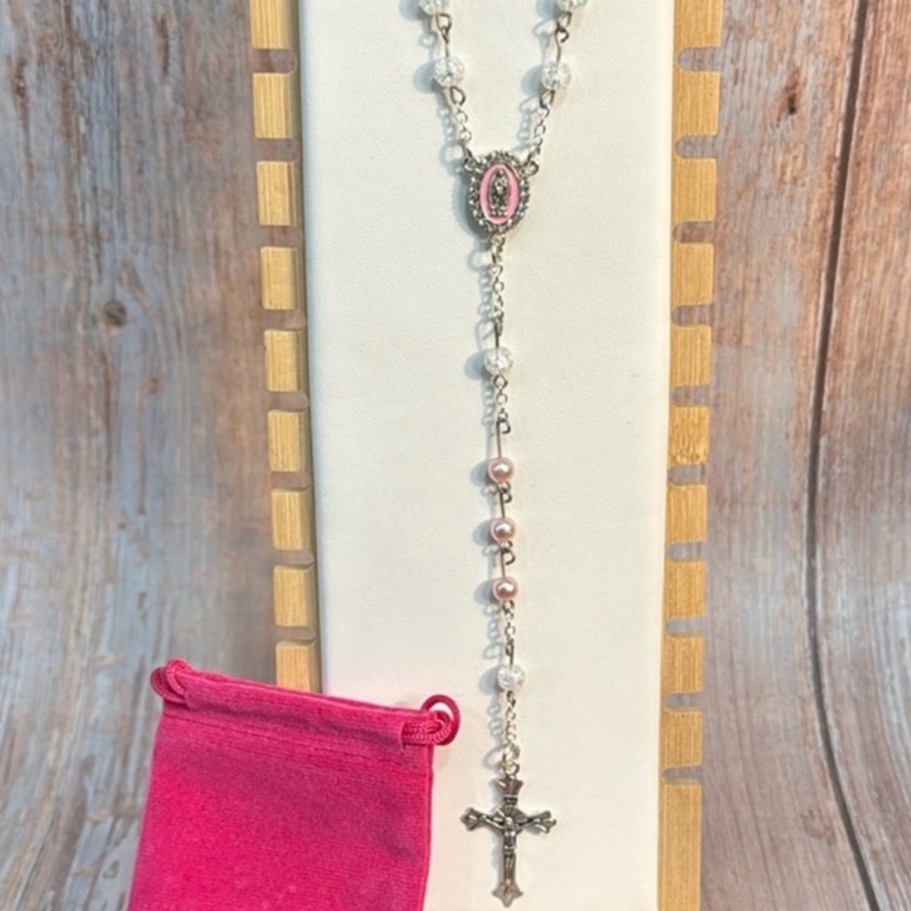 NEW Handmade 39” Pink and White Beaded Rosary Item #PHK911
